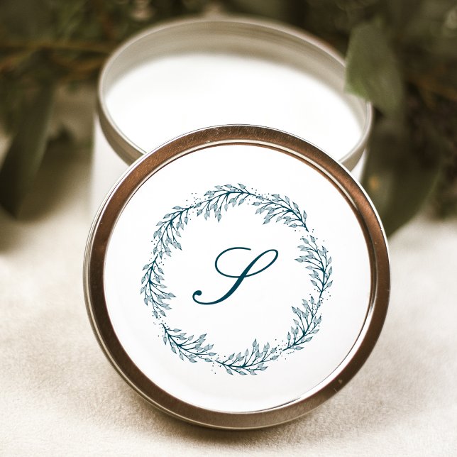 Monogram Aquamarin Blue Wreath Classic Script Wedd Runder Aufkleber (Von Creator hochgeladen)