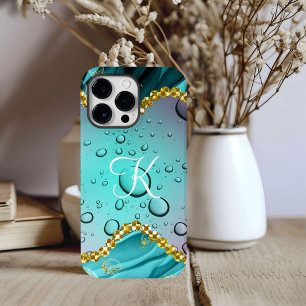 Monogram Aquamarin Foil Gold Trim Fantasy Raindrop Case-Mate iPhone 14 Pro Max Hülle