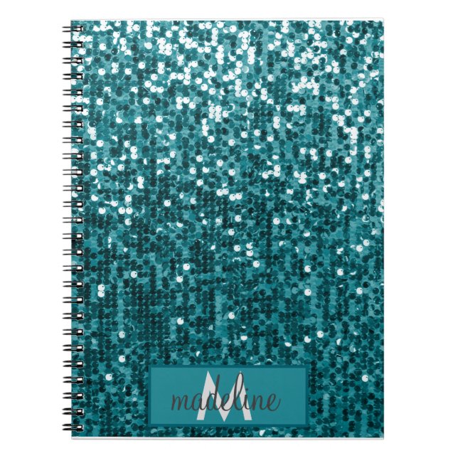 Monogram Aquamarin Glitzer Sequel Funkelnd Noteboo Notizblock (Vorderseite)