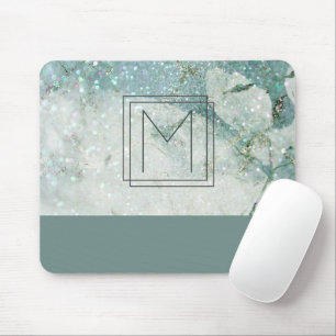 Monogram Aquamarin Green Marble Glitzer Monogram Mousepad