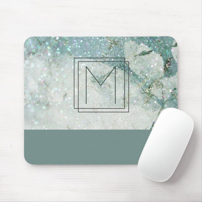 Monogram Aquamarin Green Marble Glitzer Monogram Mousepad (Mit Mouse)