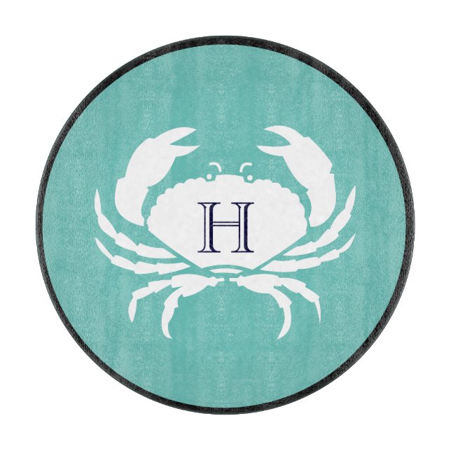 Monogram Aquamarin White Navy Blue Crab Nautic Cut Schneidebrett (Vorderseite)