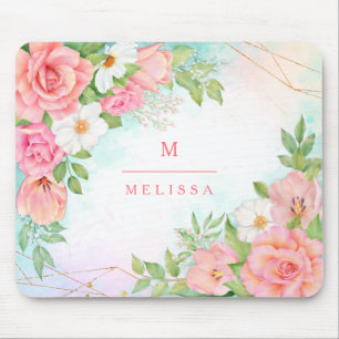 Monogram Aquarell Blumengrün Pink Geometric Mousepad