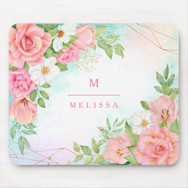 Monogram Aquarell Blumengrün Pink Geometric Mousepad (Vorne)