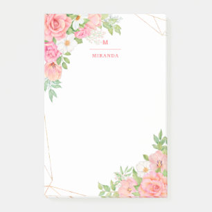Monogram Aquarell Blumengrün Pink Geometric Post-it Klebezettel