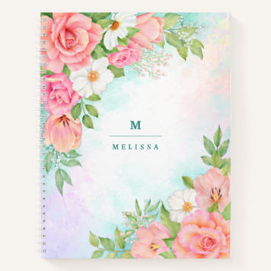 Monogram Aquarell Blumengrün Rosa Rose Notizbuch