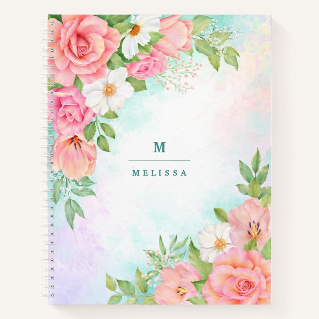 Monogram Aquarell Blumengrün Rosa Rose Notizbuch (Vorderseite)