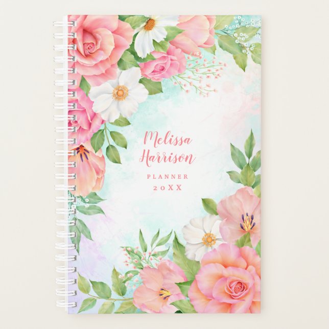 Monogram Aquarell Blumengrün Rosa Rose Planer (Vorderseite)