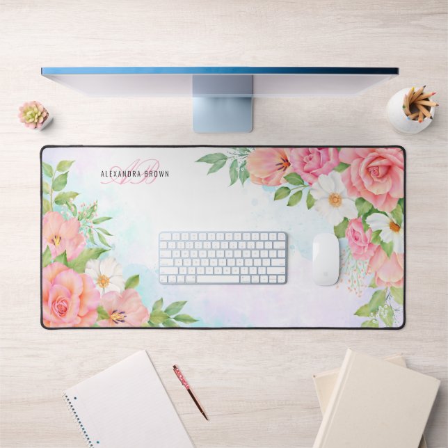 Monogram Aquarell Blumengrün Rosa Rose Schreibtischunterlage (Büro 1)