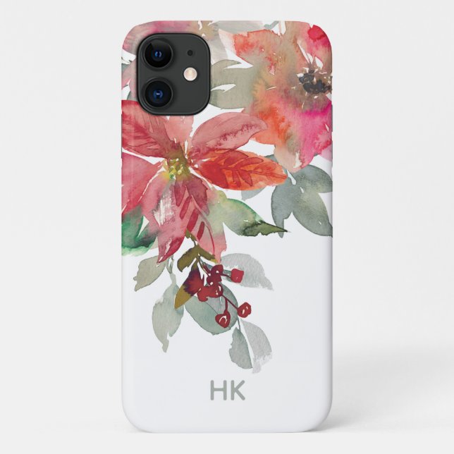 Monogram Aquarell Rote Poinsettia Blume Chic Case-Mate iPhone Hülle (Rückseite)