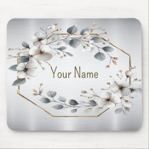 Monogram Aquarell Weiße Blume Goldenes Silber Mousepad