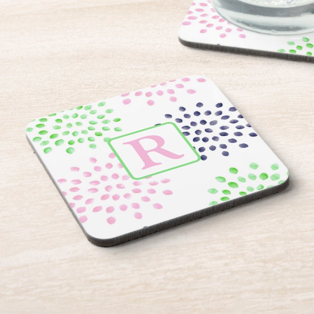 Monogram, Aquarellfarben Rosa Navy Green Blume Getränkeuntersetzer (Linke Seite)