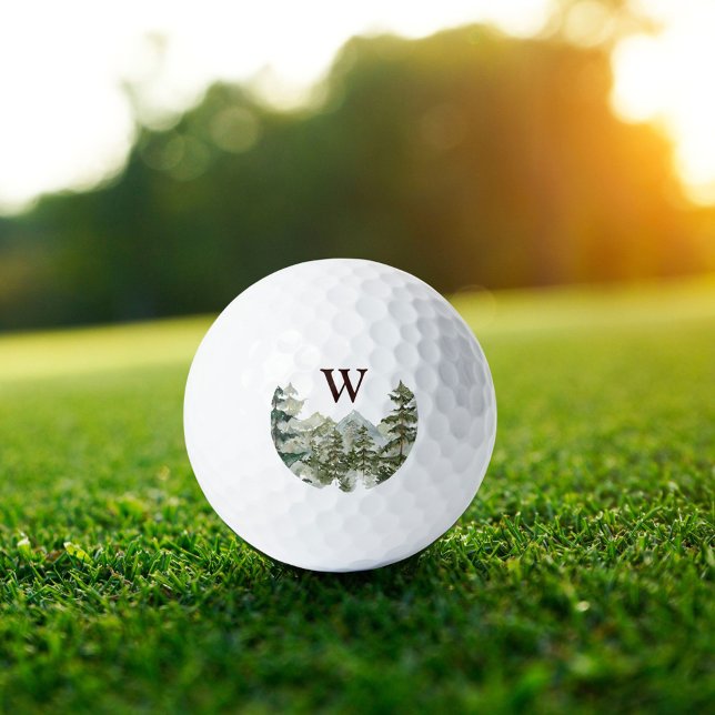 Monogram Aquarellkiefernwald & Mountain Rustikal Golfball (In situ)