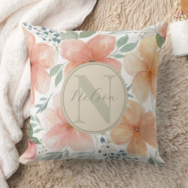 Monogram Aquarellpfirsichpfirsichpfirsichkleber Kissen (Decke)