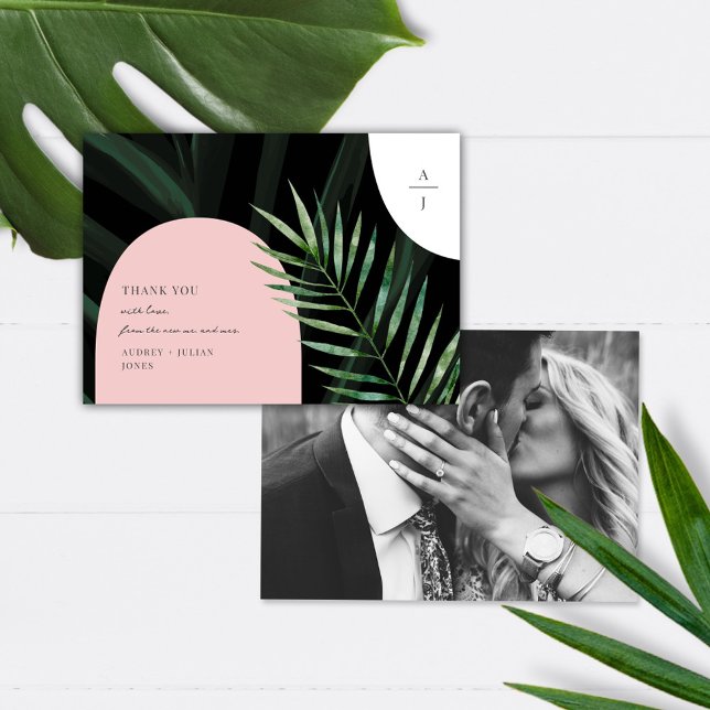 Monogram Arches Tropical Wedding Photo Dankeskarte (Von Creator hochgeladen)