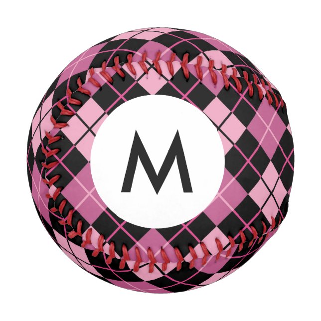 Monogram Argyle-Muster in Schwarz und Pink Baseball (Vorderseite Links)