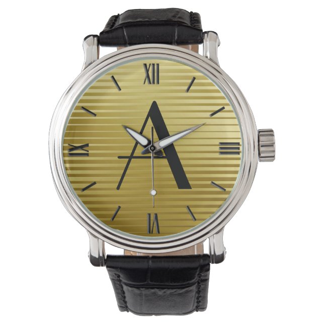 Monogram Art Deco Gold Satin Streifen Armbanduhr (Vorderseite)