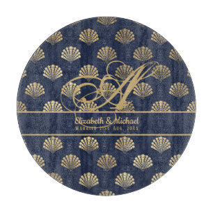 Monogram ART Deco Navy Blue Gold Muscheln Neu Schneidebrett
