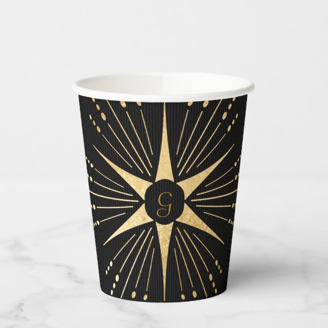 Monogram Art Deco Star Black and Gold Paper Cup Pappbecher (Links)