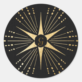 Monogram Art Deco Star Black and Gold Runder Aufkleber