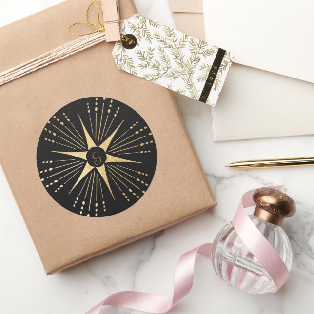 Monogram Art Deco Star Black and Gold Runder Aufkleber (Schenken)