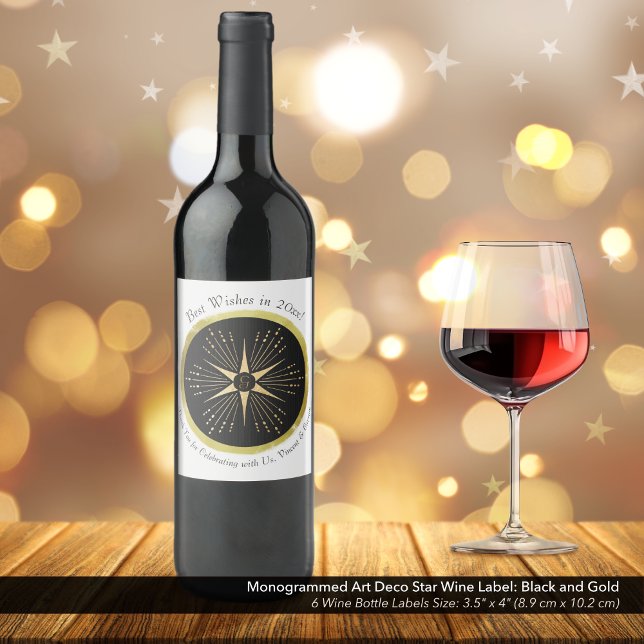Monogram Art Deco Star Black and Gold Weinetikett (Monogrammed Art Deco Star Wine Bottle Label: Black and Gold )
