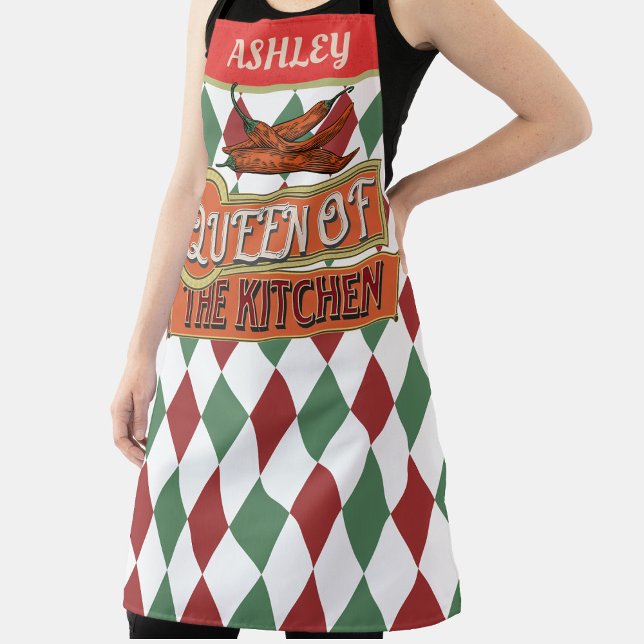 Monogram attraktiver Vintager Design-Chili Schürze (Cool retro artwork with checkered background. Colorful aprons for personalize for her. Red and green)