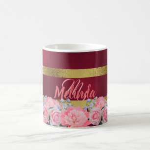 Monogram auf Burgund mit rosa Blüten Blauglocken Kaffeetasse