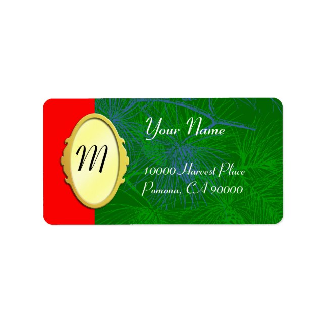 Monogram auf Gold Green Holiday Address Labels Adressaufkleber (Vorne)
