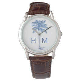 Monogram aus Blue und White Palm Palmetto Tree Armbanduhr