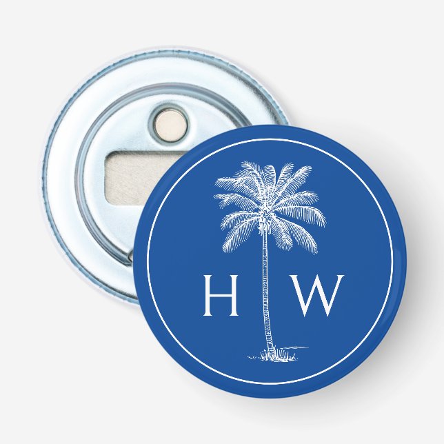 Monogram aus Blue und White Palm Palmetto Tree Flaschenöffner (Vorderseite)