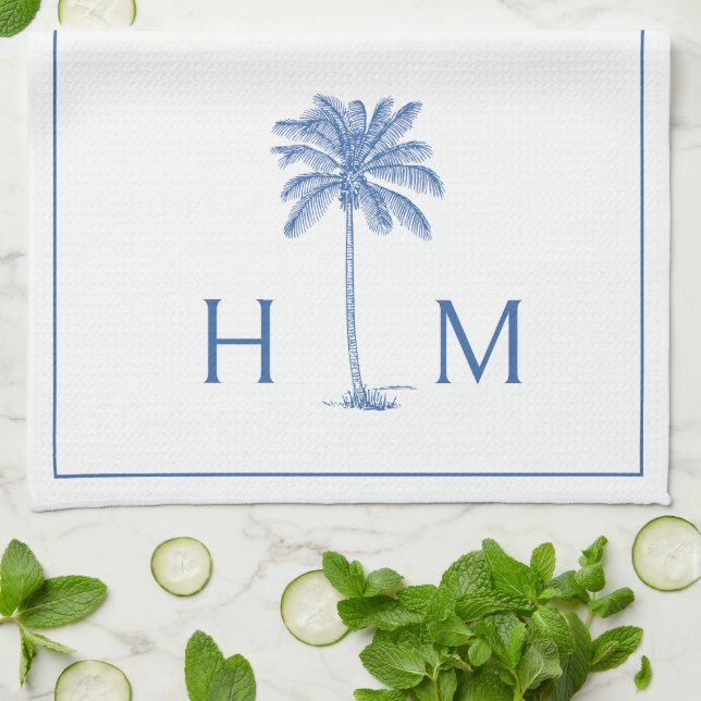 Monogram aus Blue und White Palm Palmetto Tree Geschirrtuch (Gefaltet)