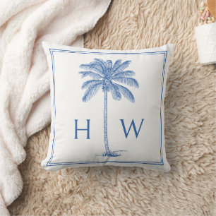 Monogram aus Blue und White Palm Palmetto Tree Kissen
