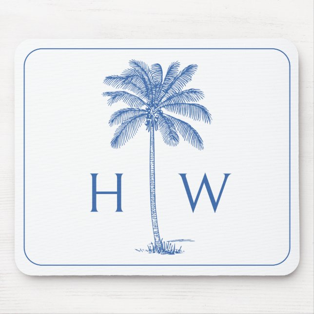 Monogram aus Blue und White Palm Palmetto Tree Mousepad (Vorne)