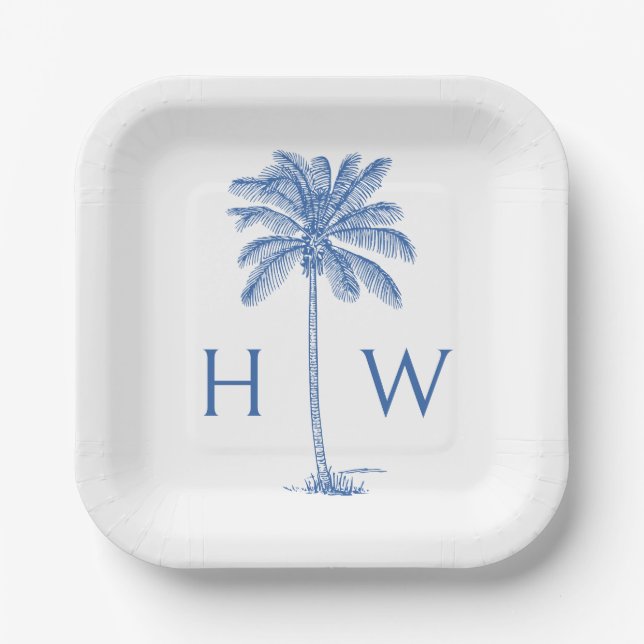 Monogram aus Blue und White Palm Palmetto Tree Pappteller (Vorderseite)
