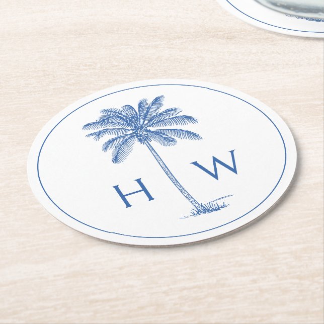 Monogram aus Blue und White Palm Palmetto Tree Runder Pappuntersetzer (Angewinkelt)