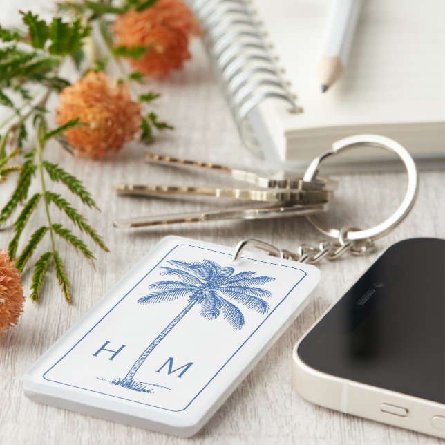 Monogram aus Blue und White Palm Palmetto Tree Schlüsselanhänger (Vorderseite rechts)
