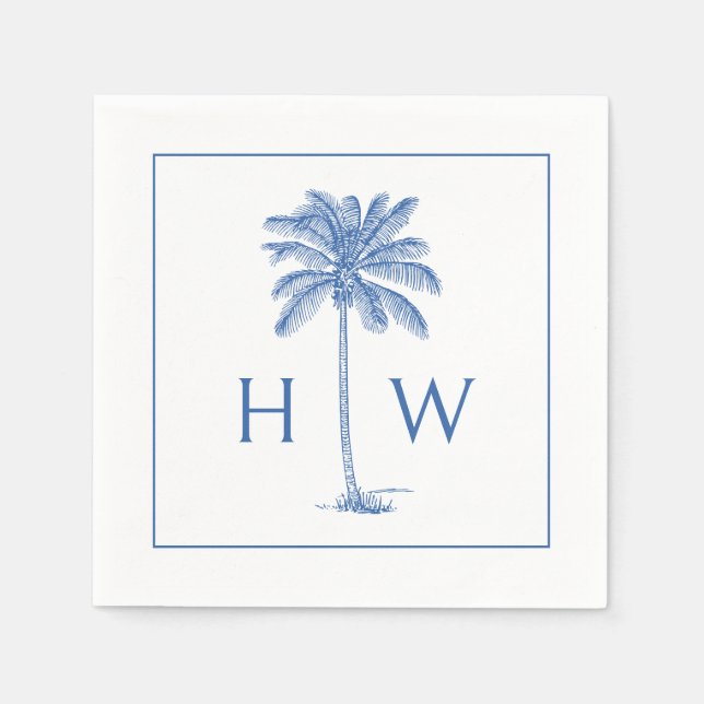 Monogram aus Blue und White Palm Palmetto Tree Serviette (Vorderseite)
