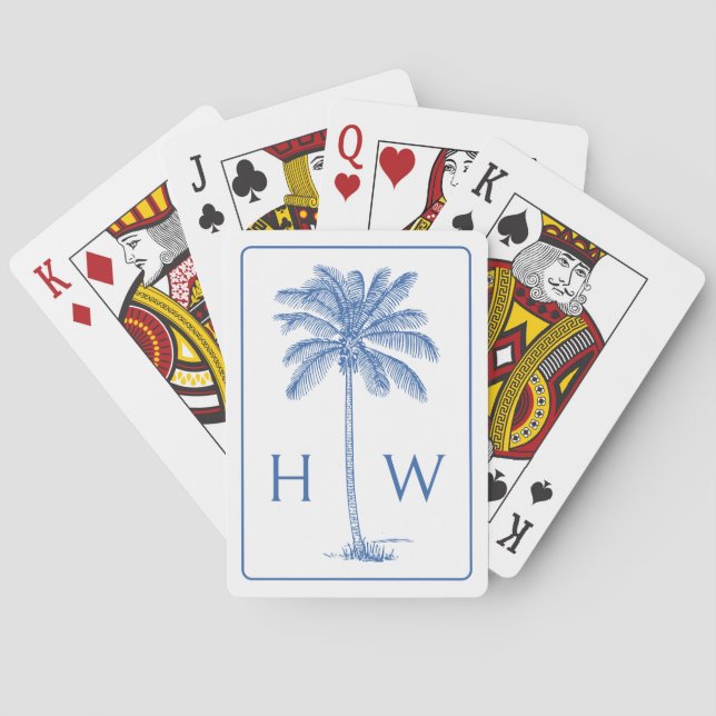 Monogram aus Blue und White Palm Palmetto Tree Spielkarten (Rückseite)