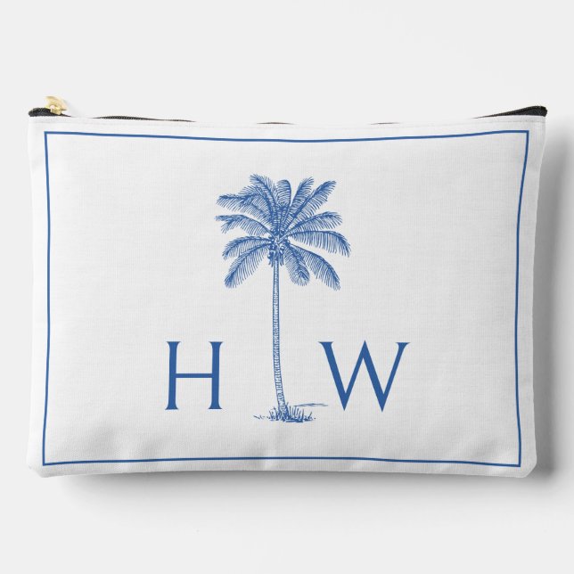 Monogram aus Blue und White Palm Palmetto Tree Zubehörtasche (Vorderseite)