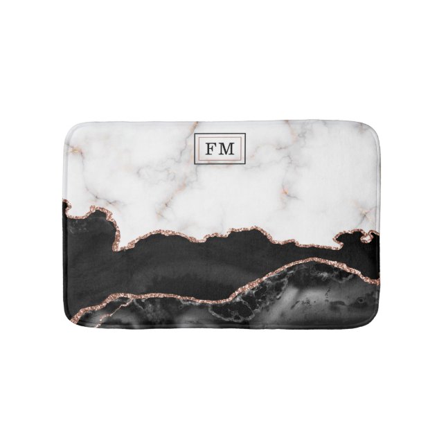 Monogram aus Luxus Marble Black Agate Gold Glitzer Badematte (Vorderseite)