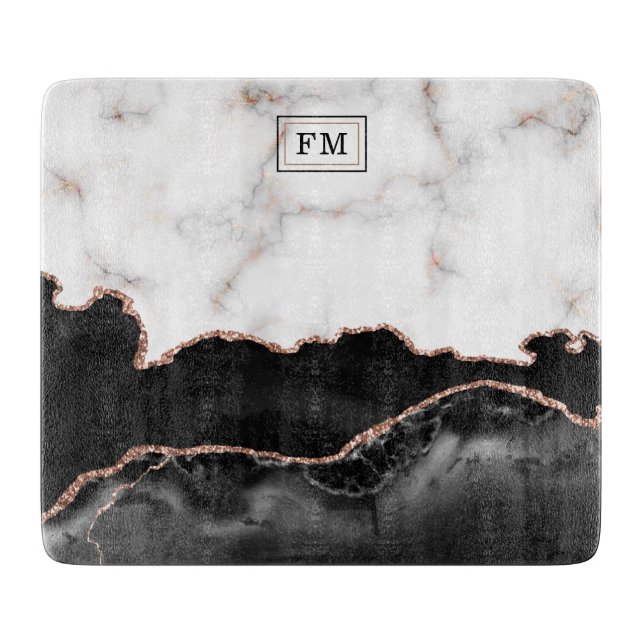 Monogram aus Luxus Marble Black Agate Gold Glitzer Schneidebrett (Vorderseite)