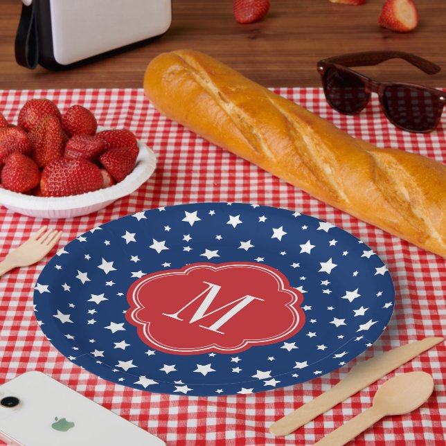 Monogram aus Red White and Blue Patriotic Stars Pappteller (Picknick)