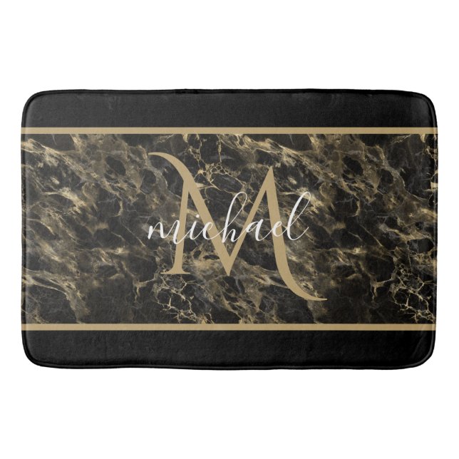 Monogram aus schwarzem und goldenem Marmor Elegant Badematte (Vorderseite)