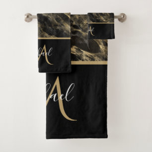 Monogram aus schwarzem und goldenem Marmor Elegant Badhandtuch Set