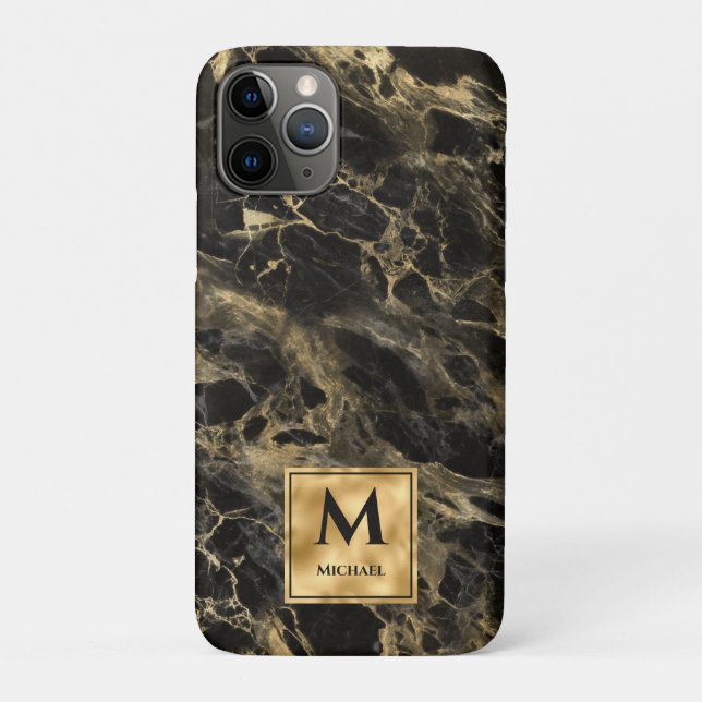 Monogram aus schwarzem und goldenem Marmor Elegant Case-Mate iPhone Hülle (Rückseite)