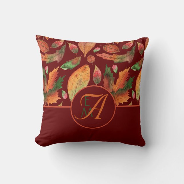Monogram Autumn Leaves Fall Burgundy Deco Kissen (Vorderseite)