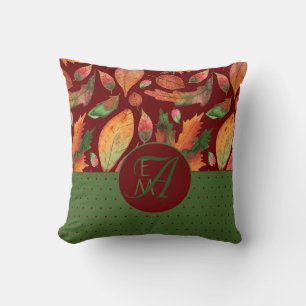 Monogram Autumn Leaves Fall Deep Red Green Decor Kissen