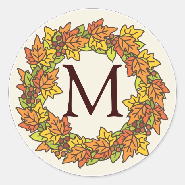 Monogram Autumn Wreath of Blätter Siegel Runder Aufkleber (Vorderseite)