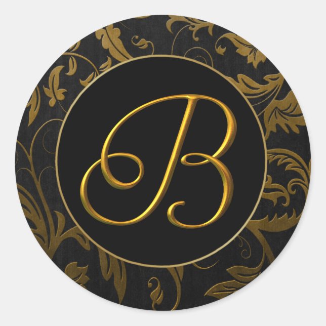 Monogram B Gold and Black Damask Wedding Siegel Runder Aufkleber (Vorderseite)